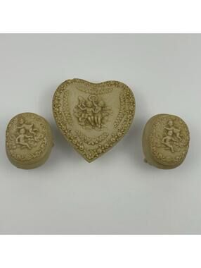 Vtg Lefton Ecru Bisque Porcelain Vanity Set Cherubs Heart Trinket Box #212 3pc